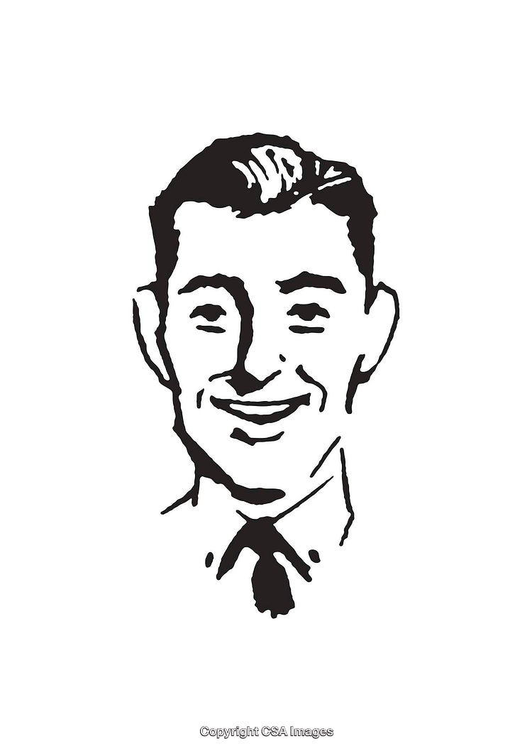 Retro-Style Black and White Illustration of Smiling Man in Business Attire