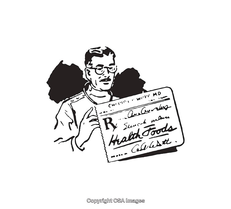 Black and White Doctor Illustration Holding Prescription Note for Health Foods