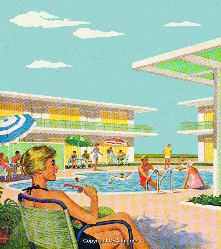 Vintage Poolside Scene With Relaxed People at a Classic Motel Setting