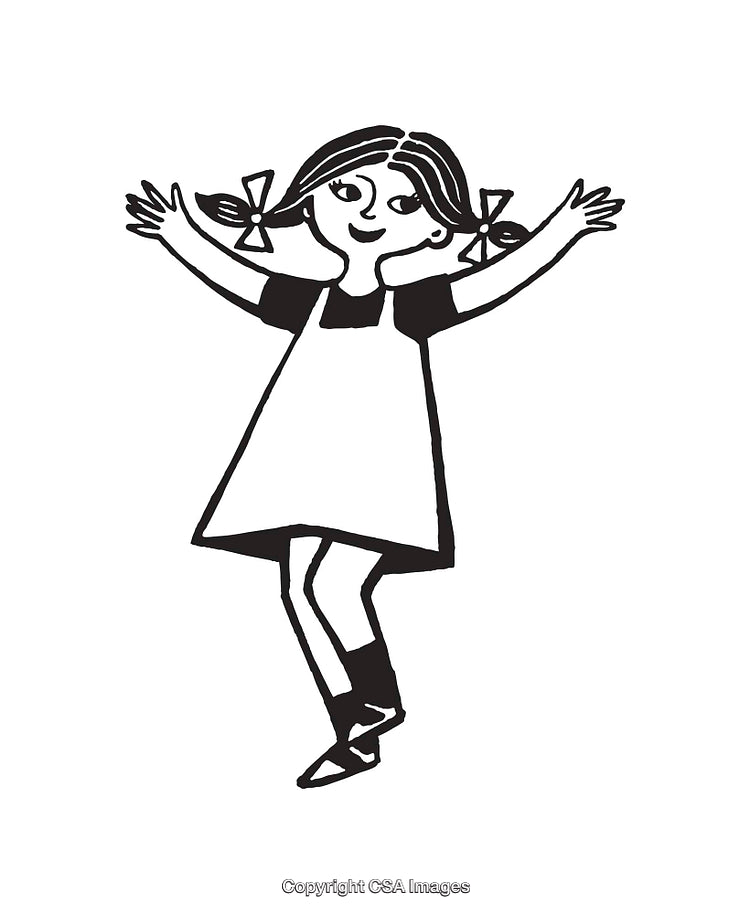 Black and White Line Art of a Happy Dancing Girl