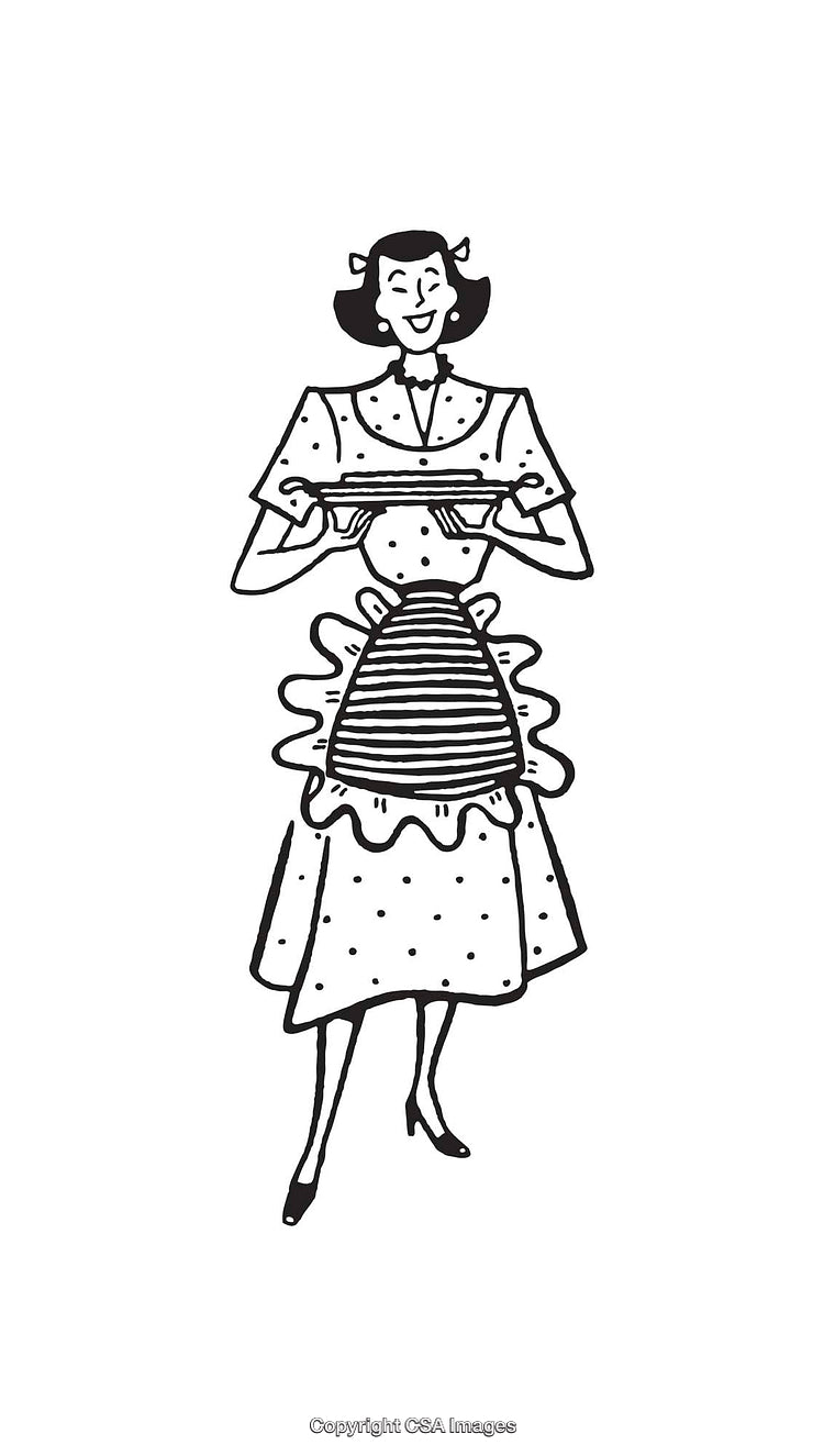 Vintage Style Woman Illustration in Apron with a Serving Dish