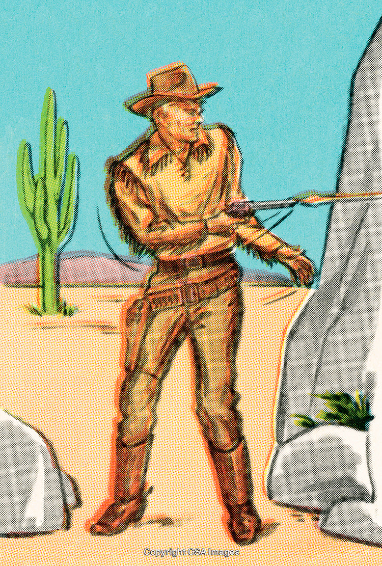Vintage Illustration of Cowboy in Desert Landscape Holding Lasso
