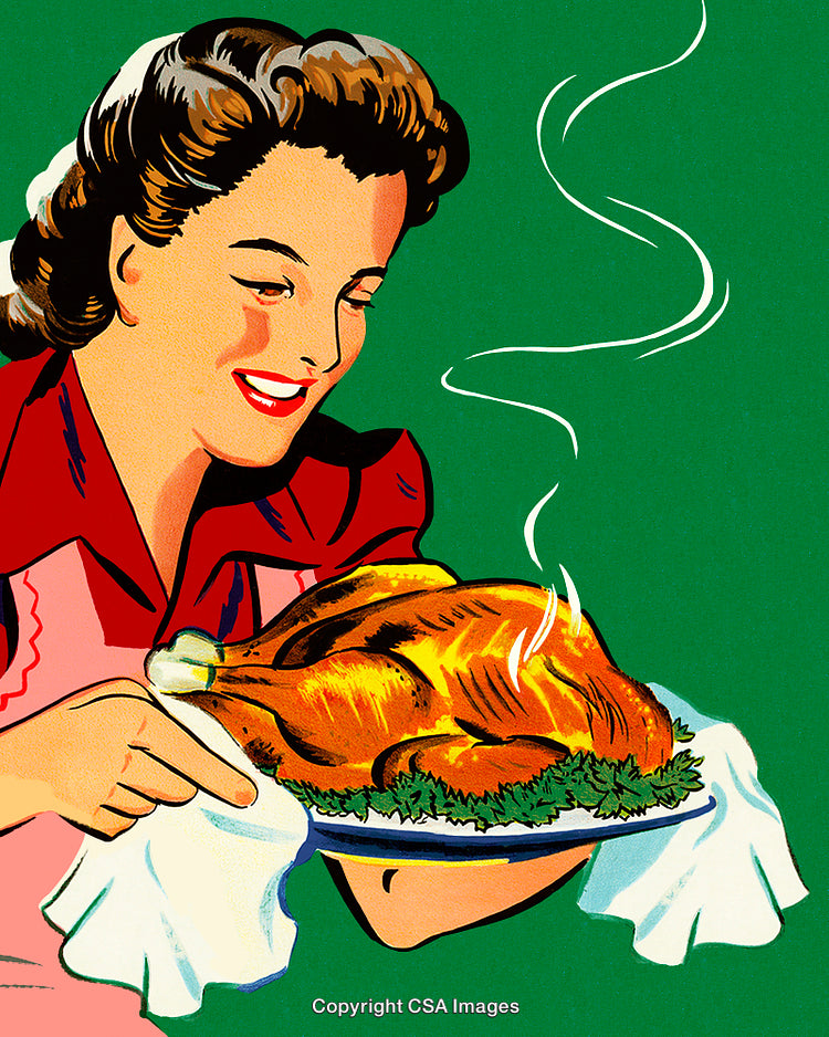 Vintage Illustration of Woman Serving a Freshly Cooked Thanksgiving Turkey