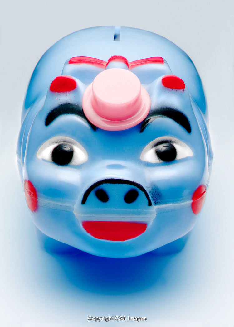 Blue Piggy Bank with Decorative Hat and Cheerful Expression
