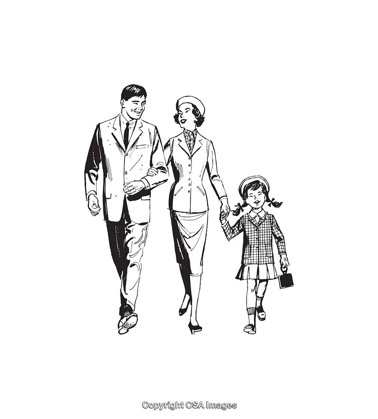 Vintage Line Art of a Family Strolling Together
