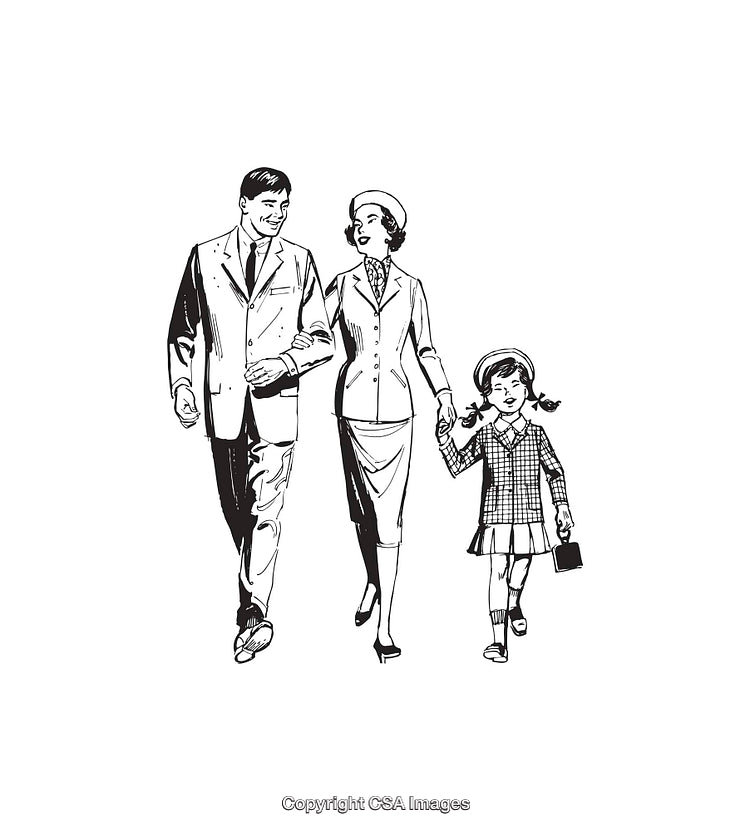 Vintage Line Art of a Family Strolling Together