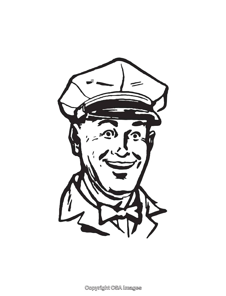 Vintage Line Art Illustration of a Smiling Man in a Cap