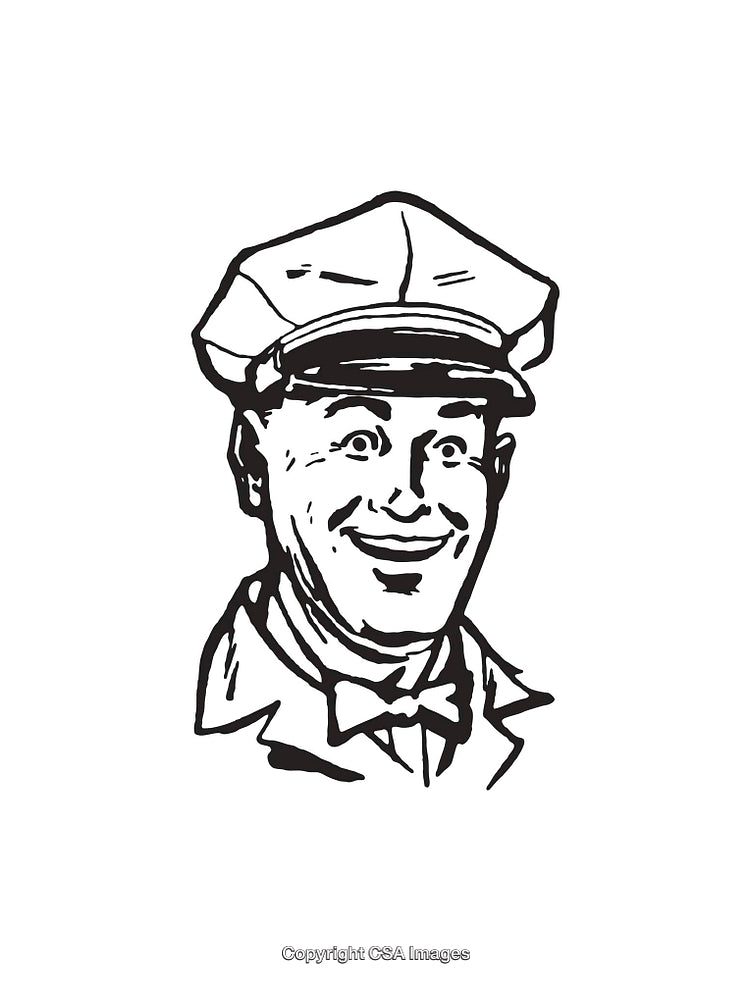 Vintage Line Art Illustration of a Smiling Man in a Cap