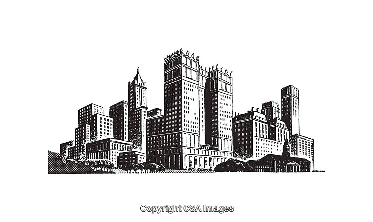 Black and White Line Art of an Urban Cityscape