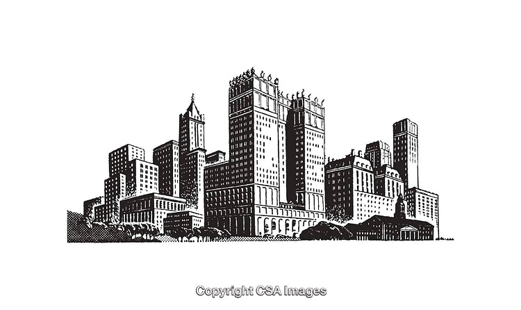 Black and White Line Art of an Urban Cityscape