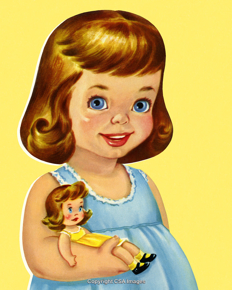 Vintage Illustration of a Smiling Girl Holding a Doll in a Blue Dress