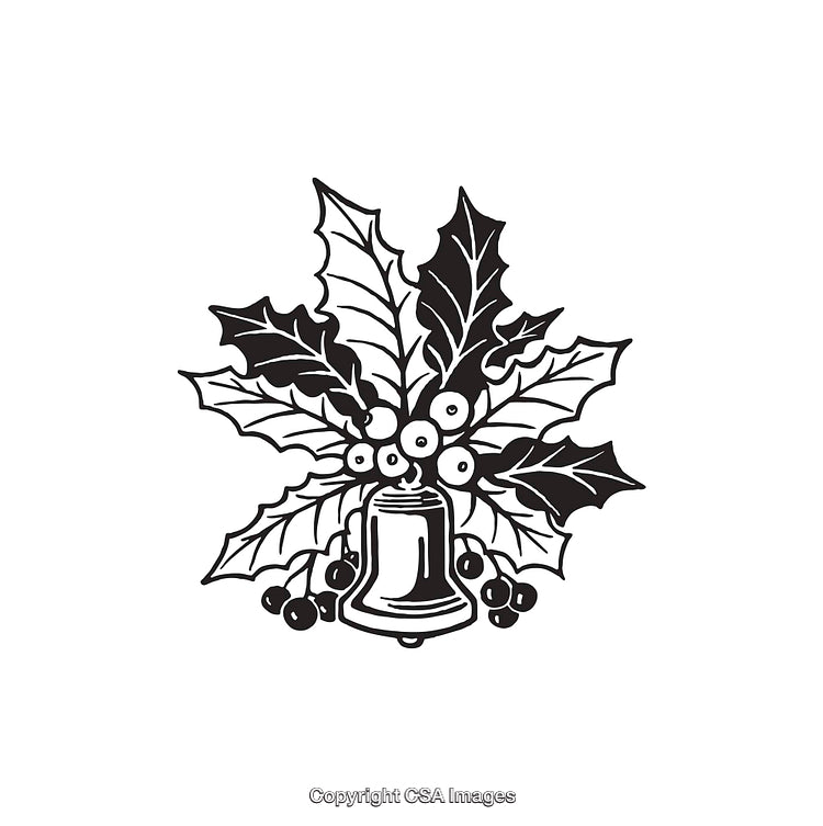 Black and White Line Art of Christmas Bell and Holly Leaves