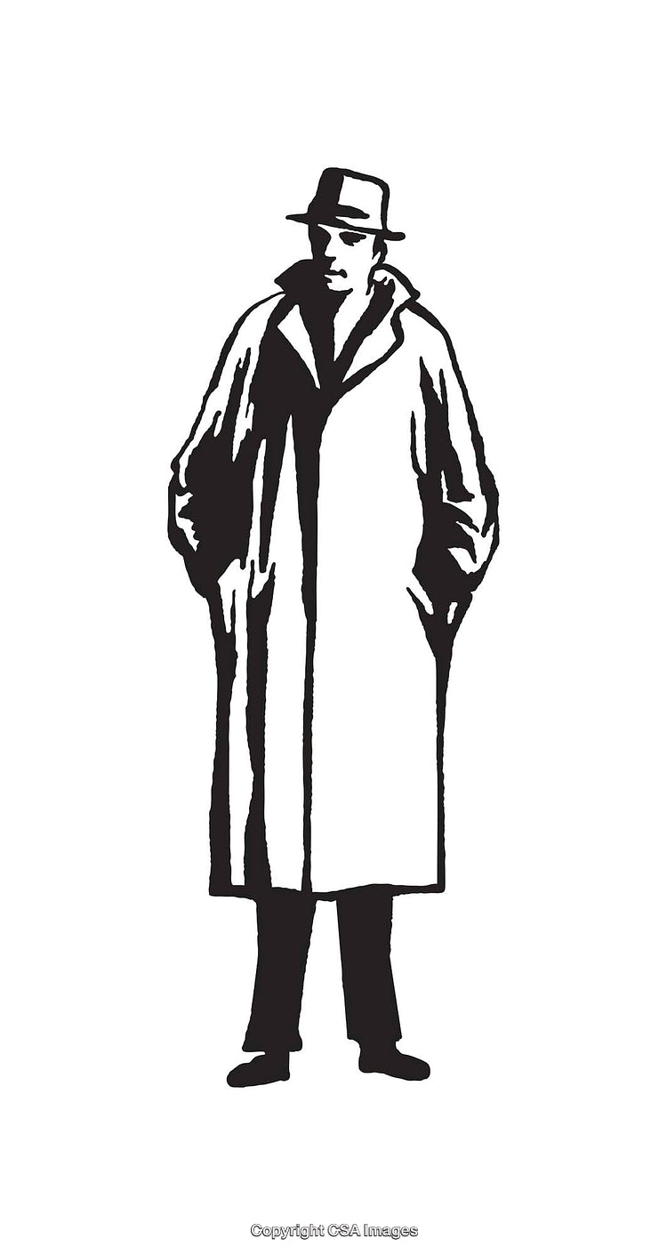 Black and White Illustration of a Man in a Trench Coat