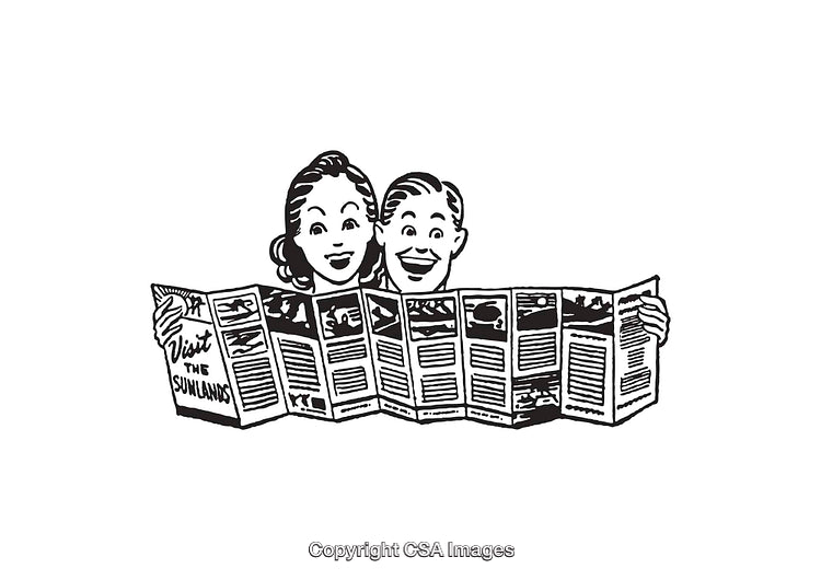 Retro Illustration of Happy Couple Reading a Travel Brochure