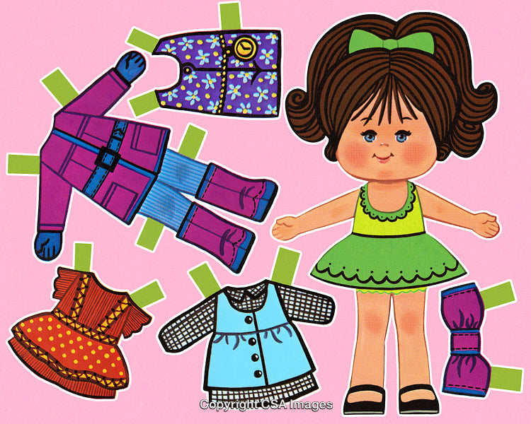 Vintage Paper Doll with Outfits Displayed on Pink Background