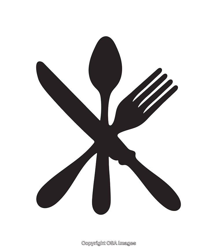 Black and White Cutlery Icon Featuring Fork, Knife, and Spoon