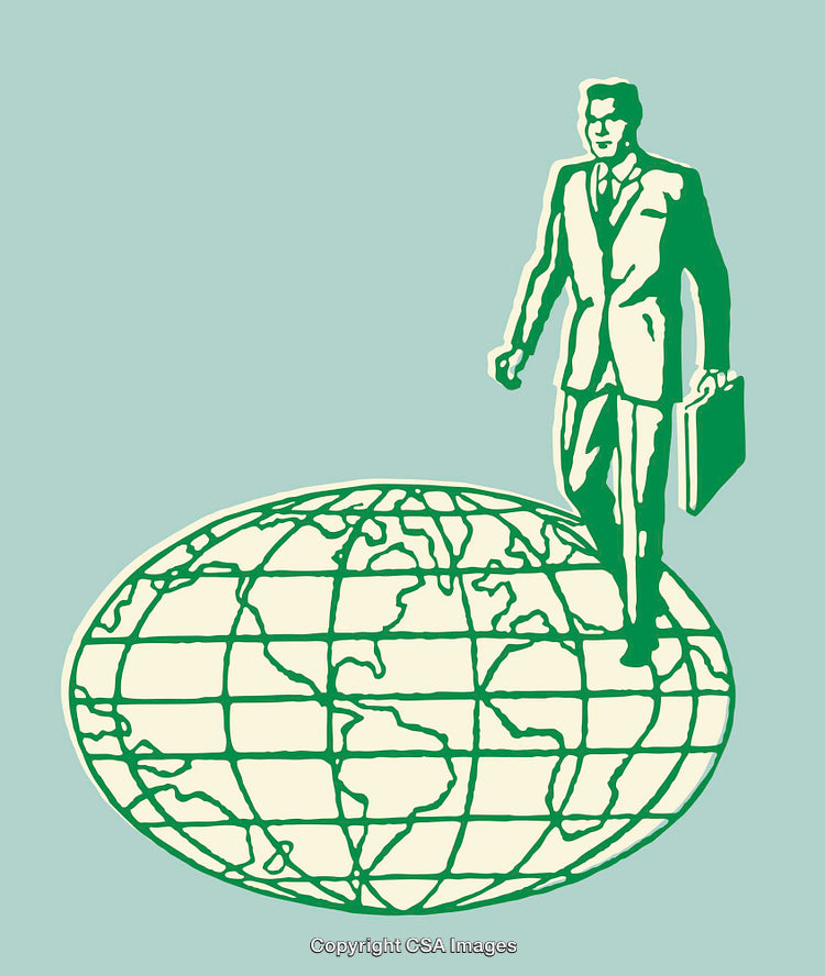 Illustration of Global Businessman Standing on a World Map