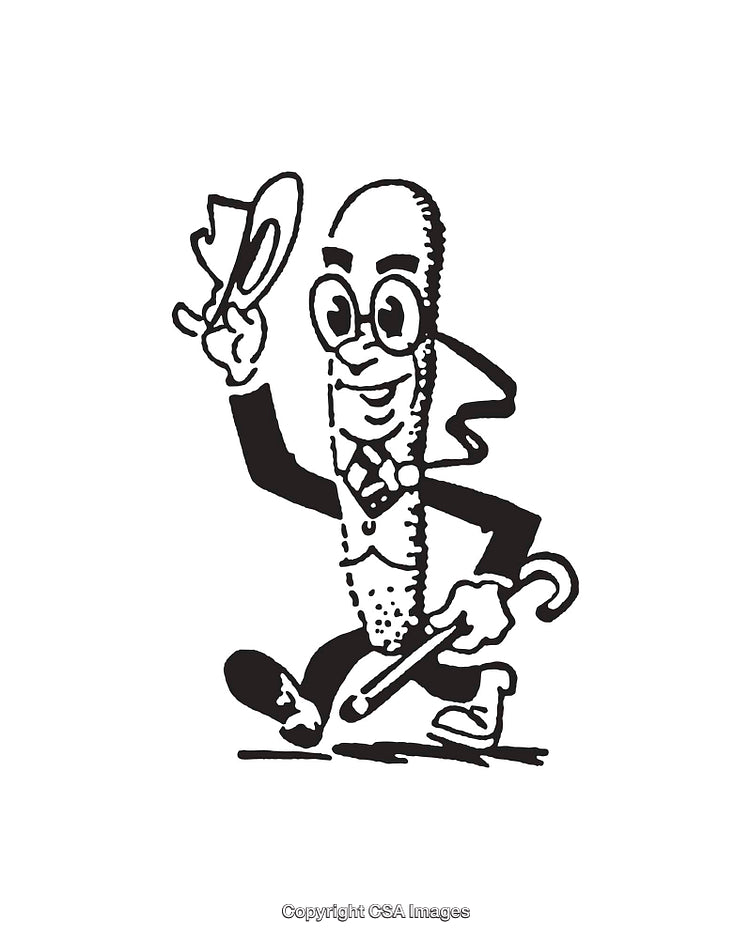 Vintage Black-and-White Illustration of Walking Character With Hat and Cane