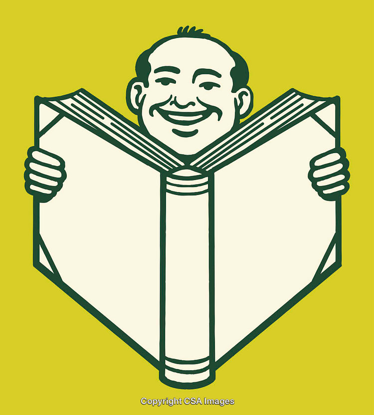 Cheerful Illustration of Man Reading a Book on Yellow Background