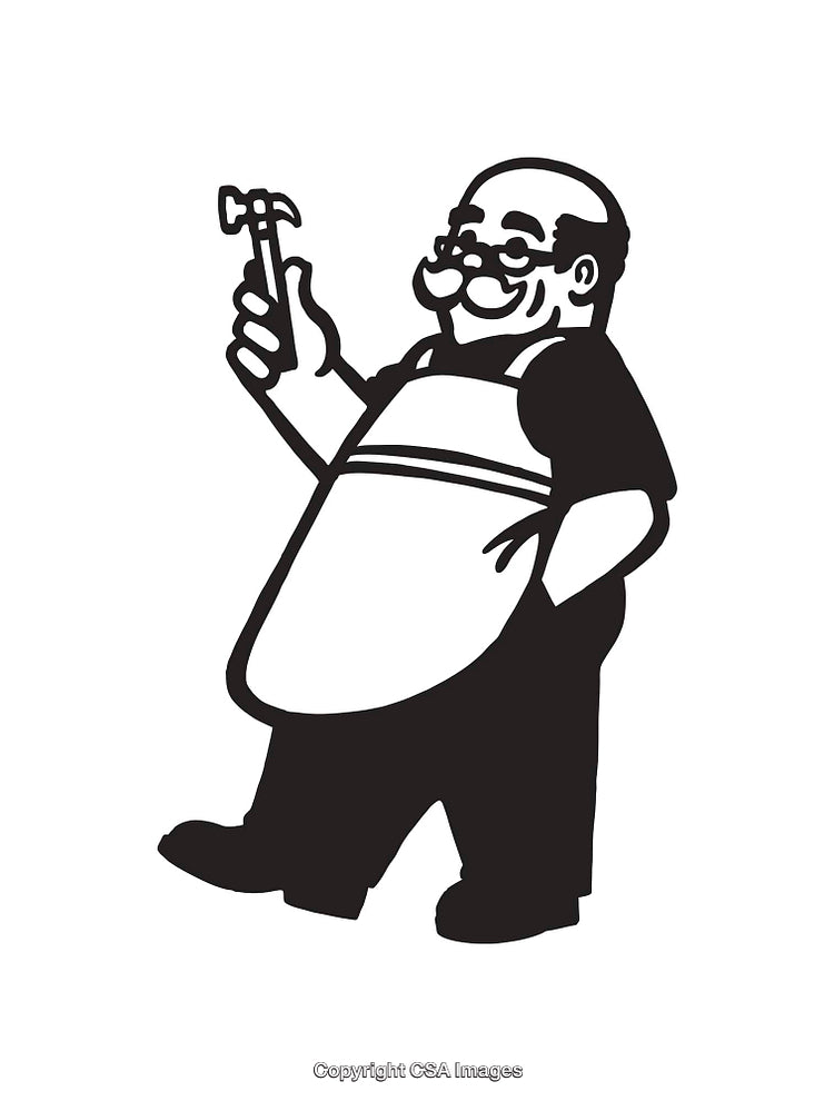 Vintage Black and White Illustration of a Carpenter Holding a Tool