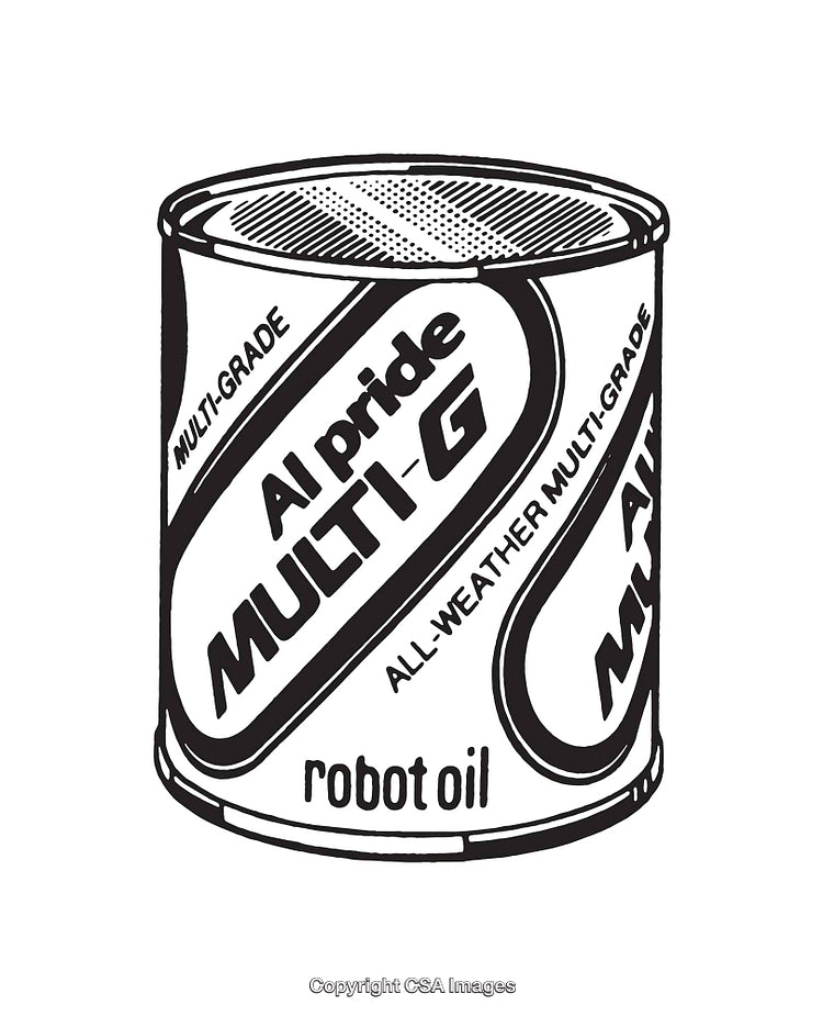 Black and White Line Art Illustration of Robot Oil Multi-Grade Can