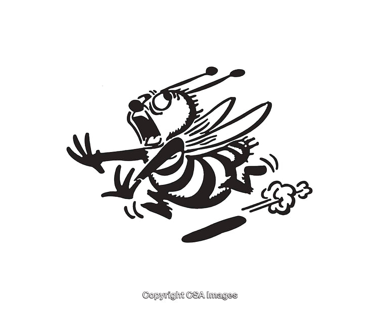 Playful Cartoon Bee Character Running in Black and White Line Art Style