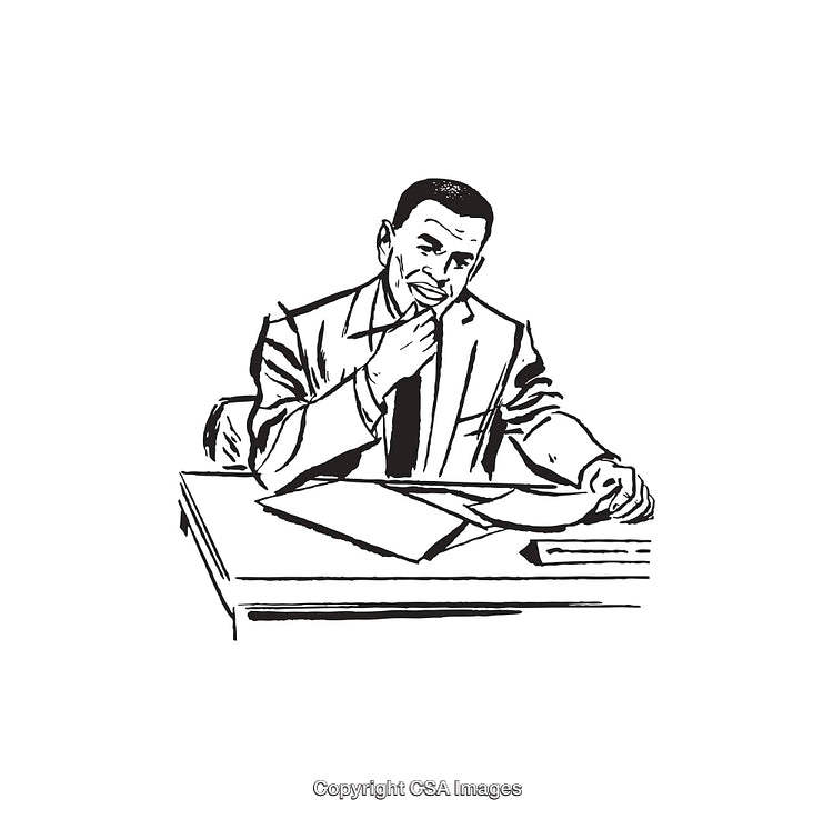 Black and White Illustration of a Man at a Desk in Thought