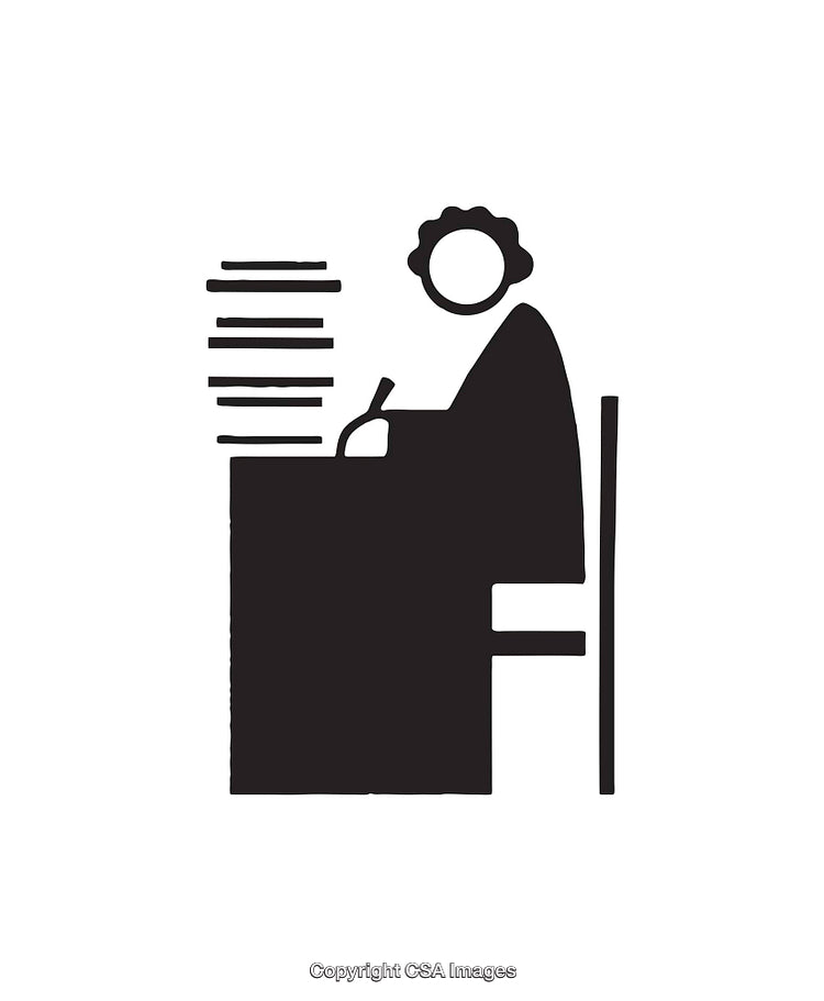 Minimalistic Black and White Icon of Person Writing at Desk