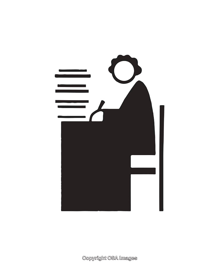 Minimalistic Black and White Icon of Person Writing at Desk