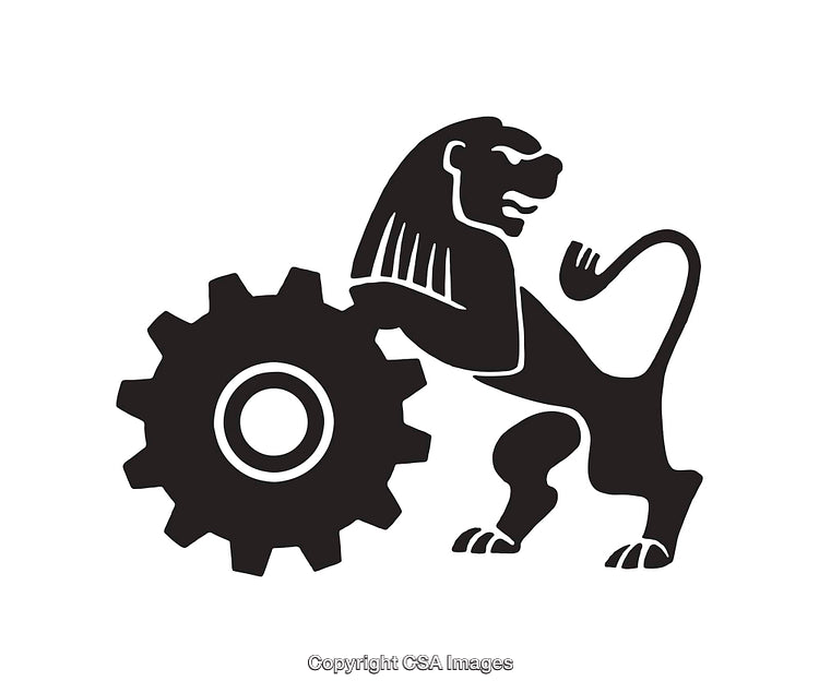 Illustration of Lion with Gear Symbolizing Strength and Mechanized Power