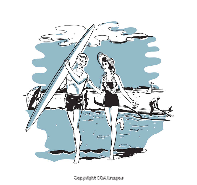Retro Illustration of Couple with Surfboard on Beach with Ocean Backdrop