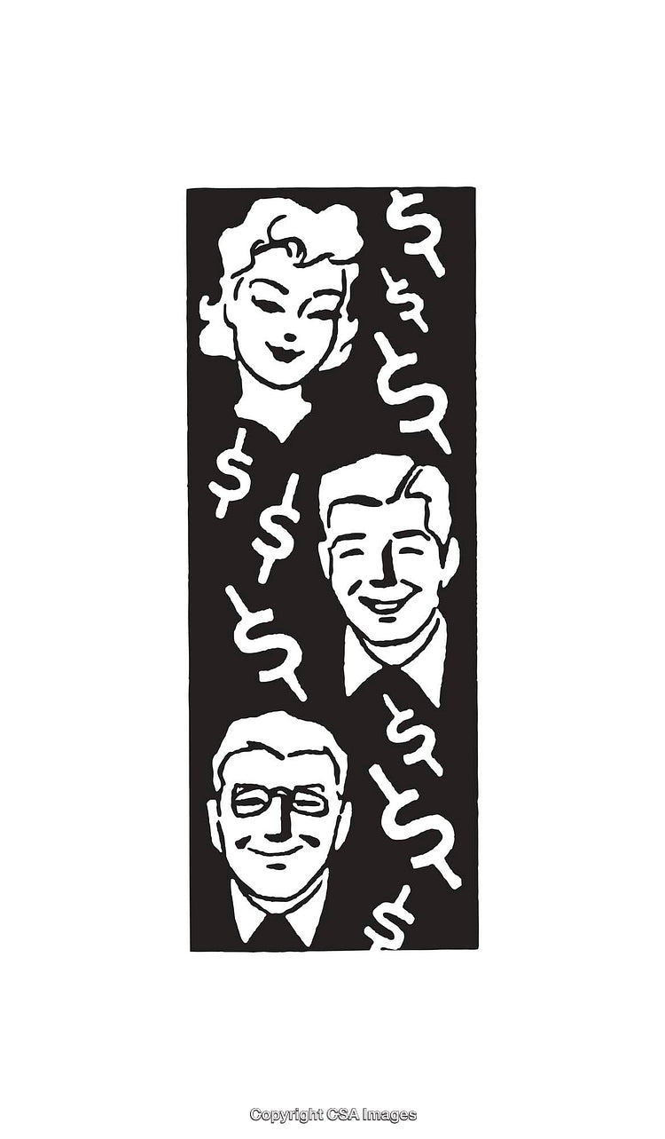 Retro Styled Black and White Illustration with Dollar Symbols and Faces