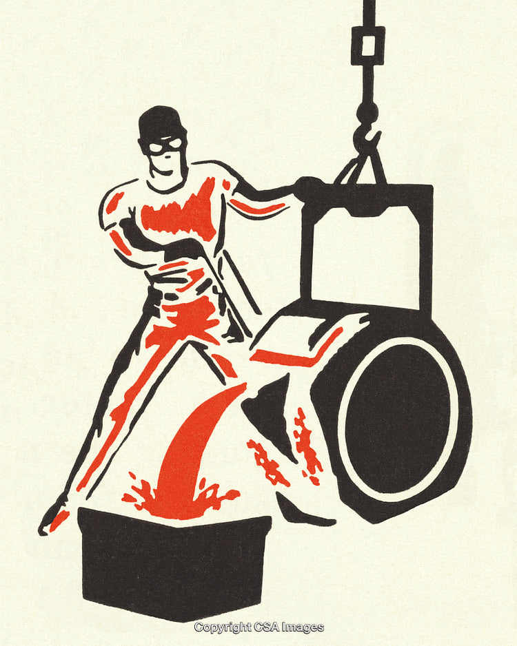 Worker Pouring Molten Metal in Industrial Foundry Graphic Illustration