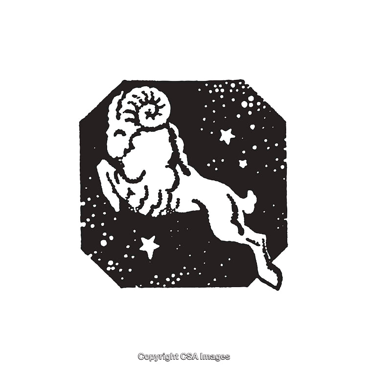 Black and White Zodiac Illustration Featuring Aries Ram Symbol with Stars