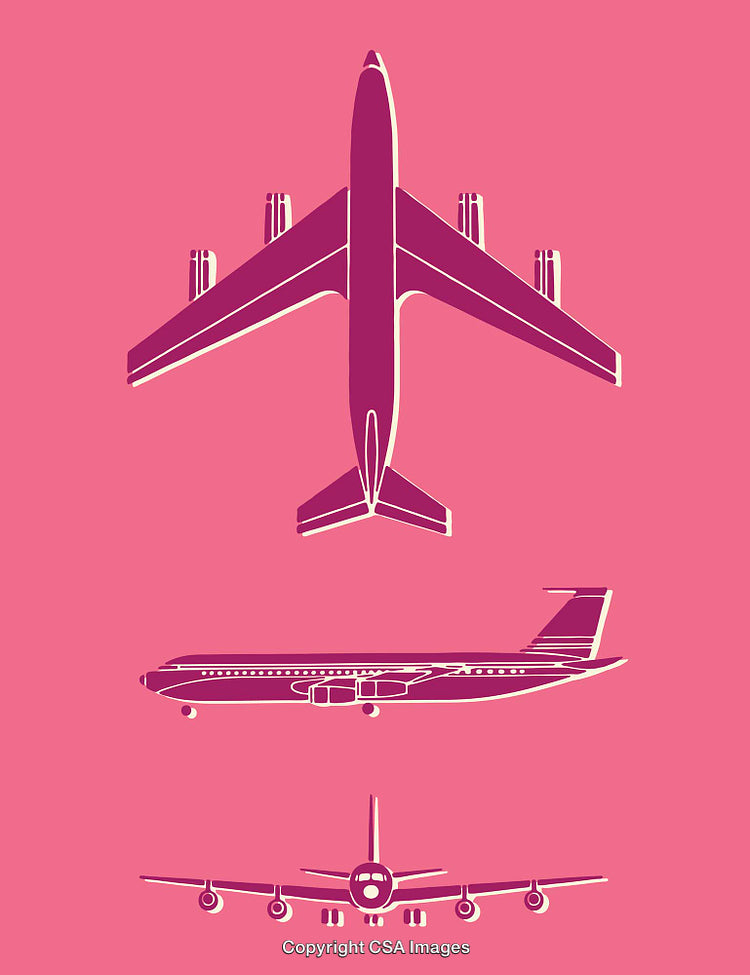 Colorful Illustration of Aircraft with Three Unique Angles on Pink Background