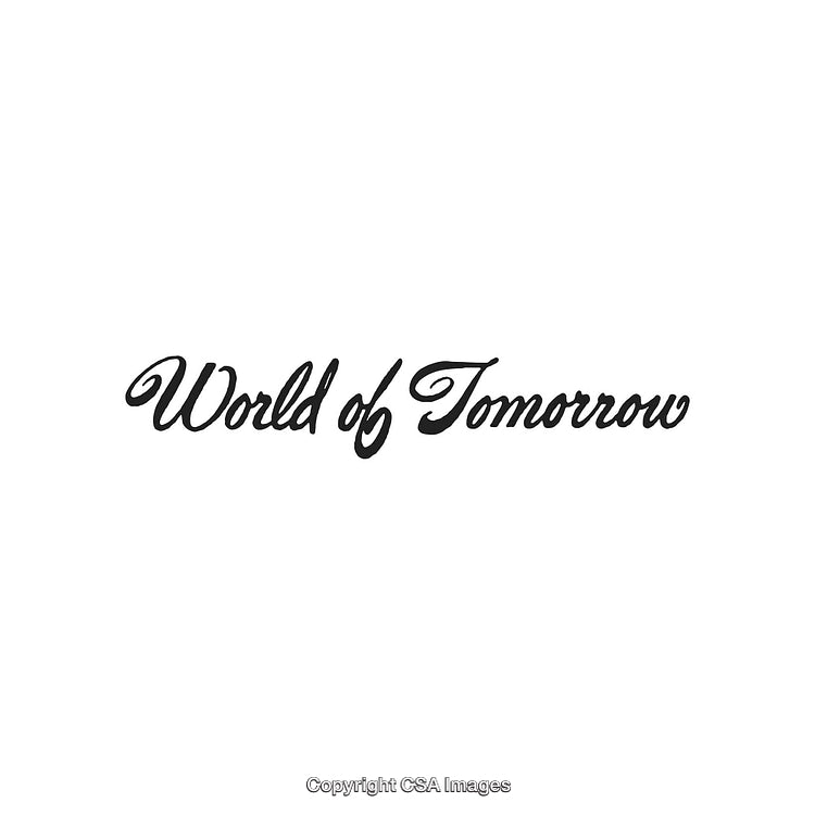 World of Tomorrow in Script Font on White Background for Creative Use