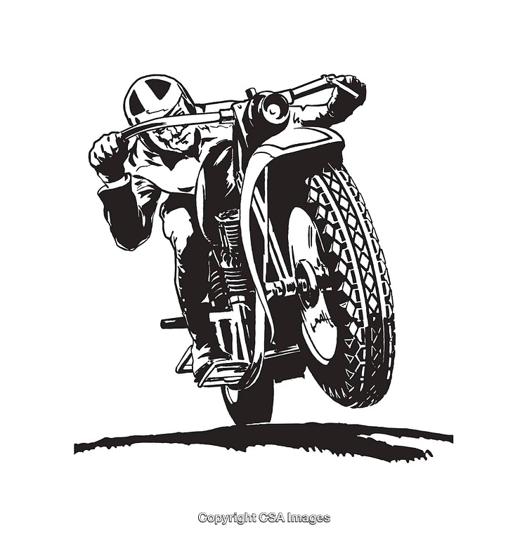 Black and White Illustration of a Motorcyclist Performing a Dynamic Stunt