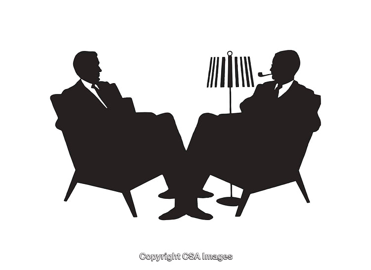 Silhouette Illustration of Men Conversing in Armchairs with a Table Lamp
