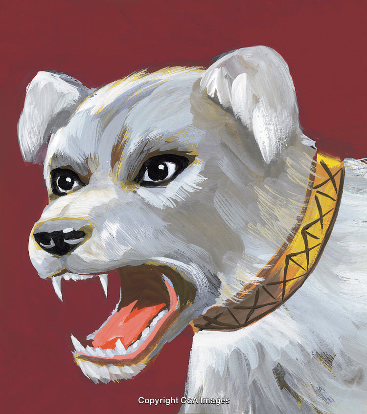 Expressive Painting of Fierce White Dog with Sharp Teeth and Red Background
