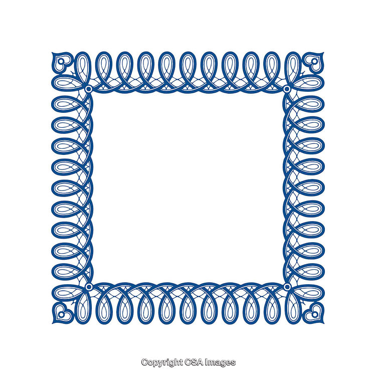 Blue Decorative Ornamental Frame with Intricate Swirl Patterns on White Background