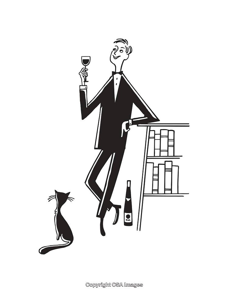 Elegant Gentleman Toasting with Wine Beside Cat and Bookshelf