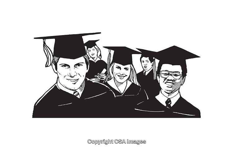 Graduating Students Celebrating Achievement in Black and White Line Art Illustrations