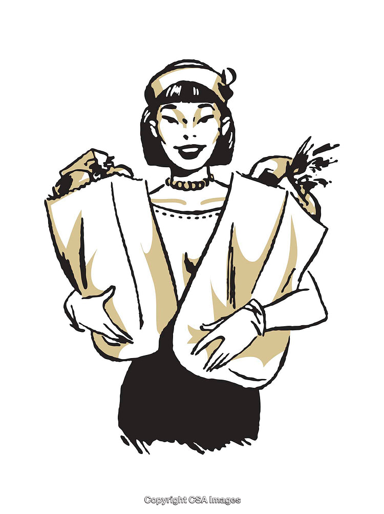 Retro Illustration of a Smiling Woman Carrying Shopping Bags