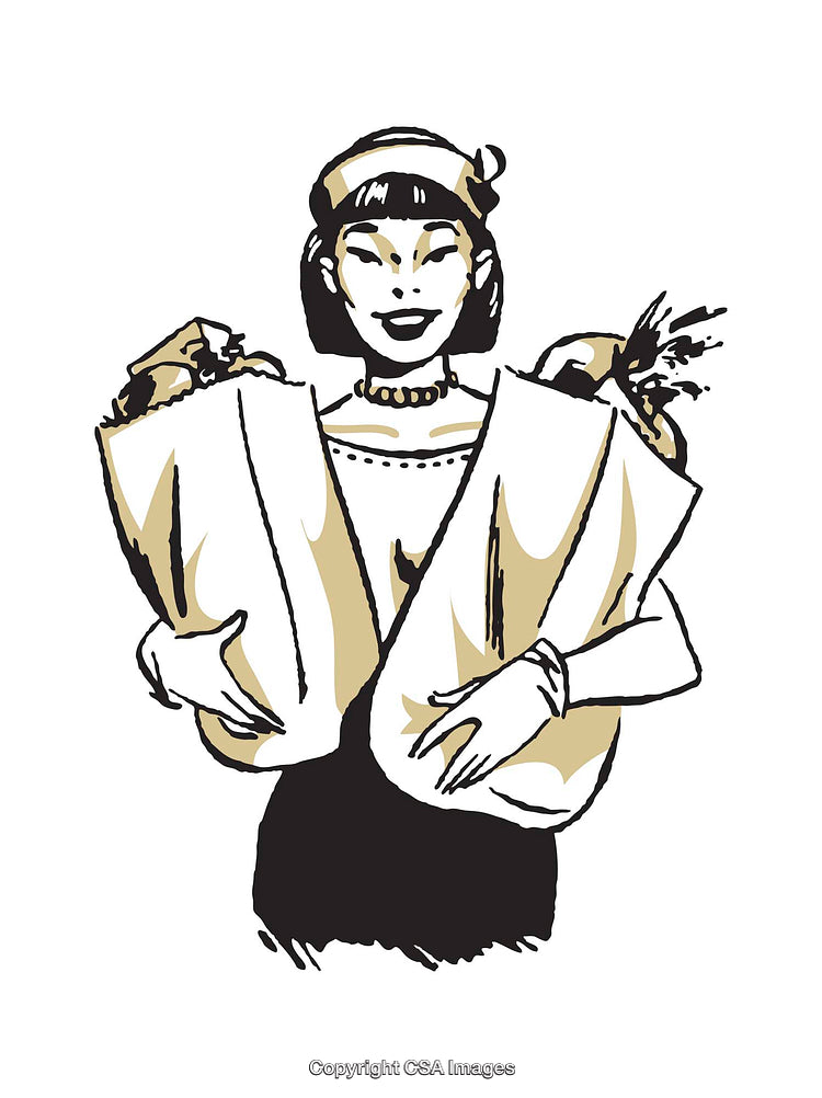 Retro Illustration of a Smiling Woman Carrying Shopping Bags