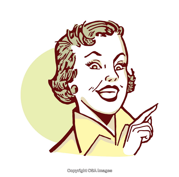 Retro Styled Illustration of a Cheerful Woman Pointing with a Smile