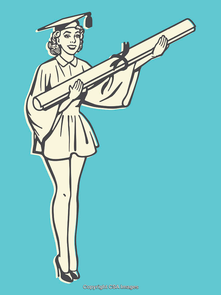 Vintage Style Graduation Illustration of Woman in Cap and Gown
