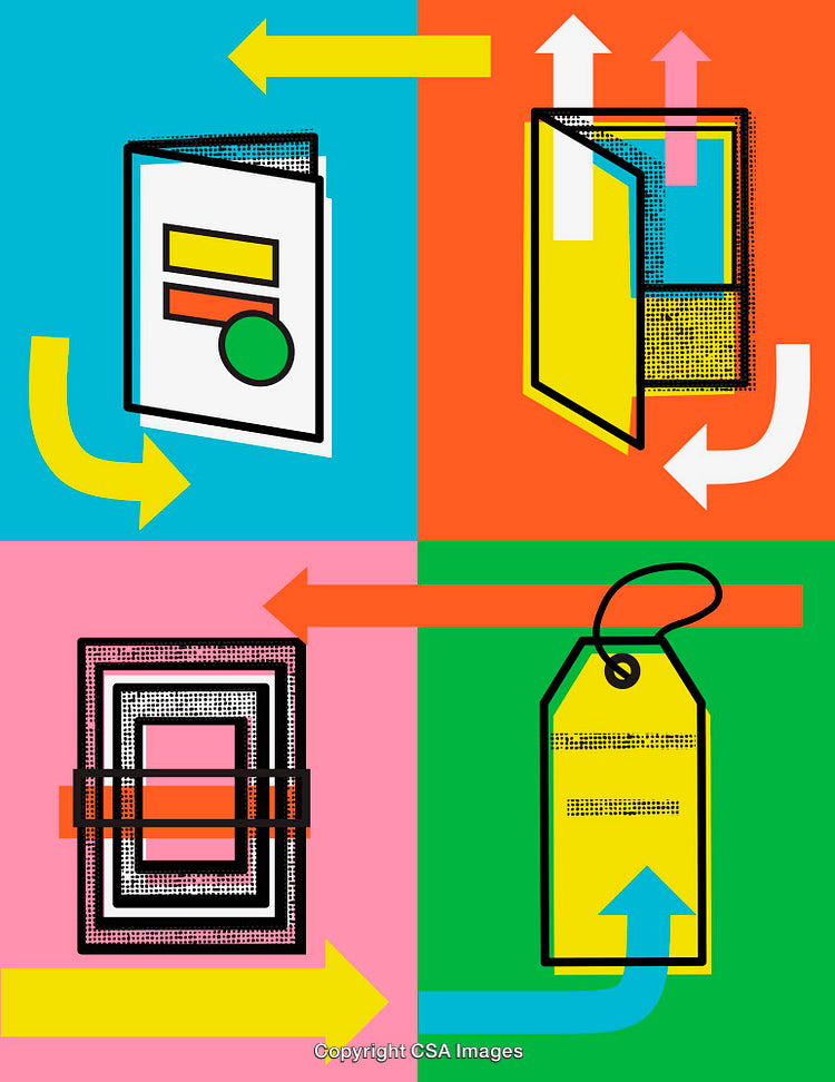 Colorful Line Art Illustration of Business and Office Icons with Arrows