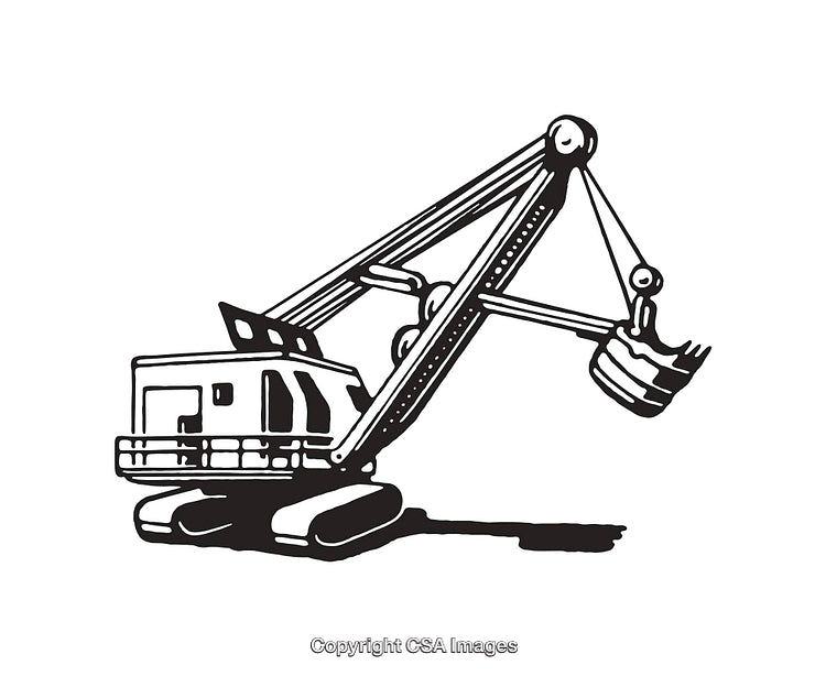 Black and White Illustration of a Heavy Construction Excavator