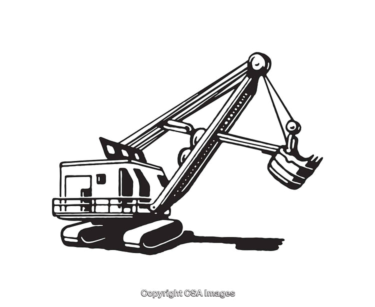 Black and White Illustration of a Heavy Construction Excavator