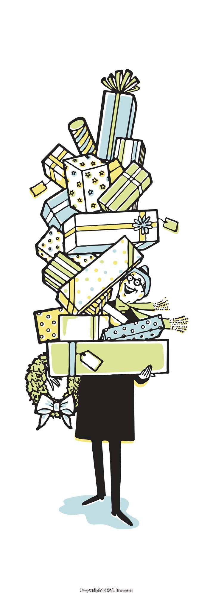 Illustration of a Holiday Shopper Carrying Stacked Colorful Gift Boxes